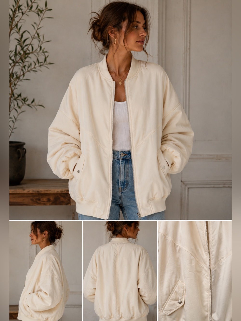Anthropologie Cream Oversized Bomber Jacket Large Ivory Minimalist Scandi